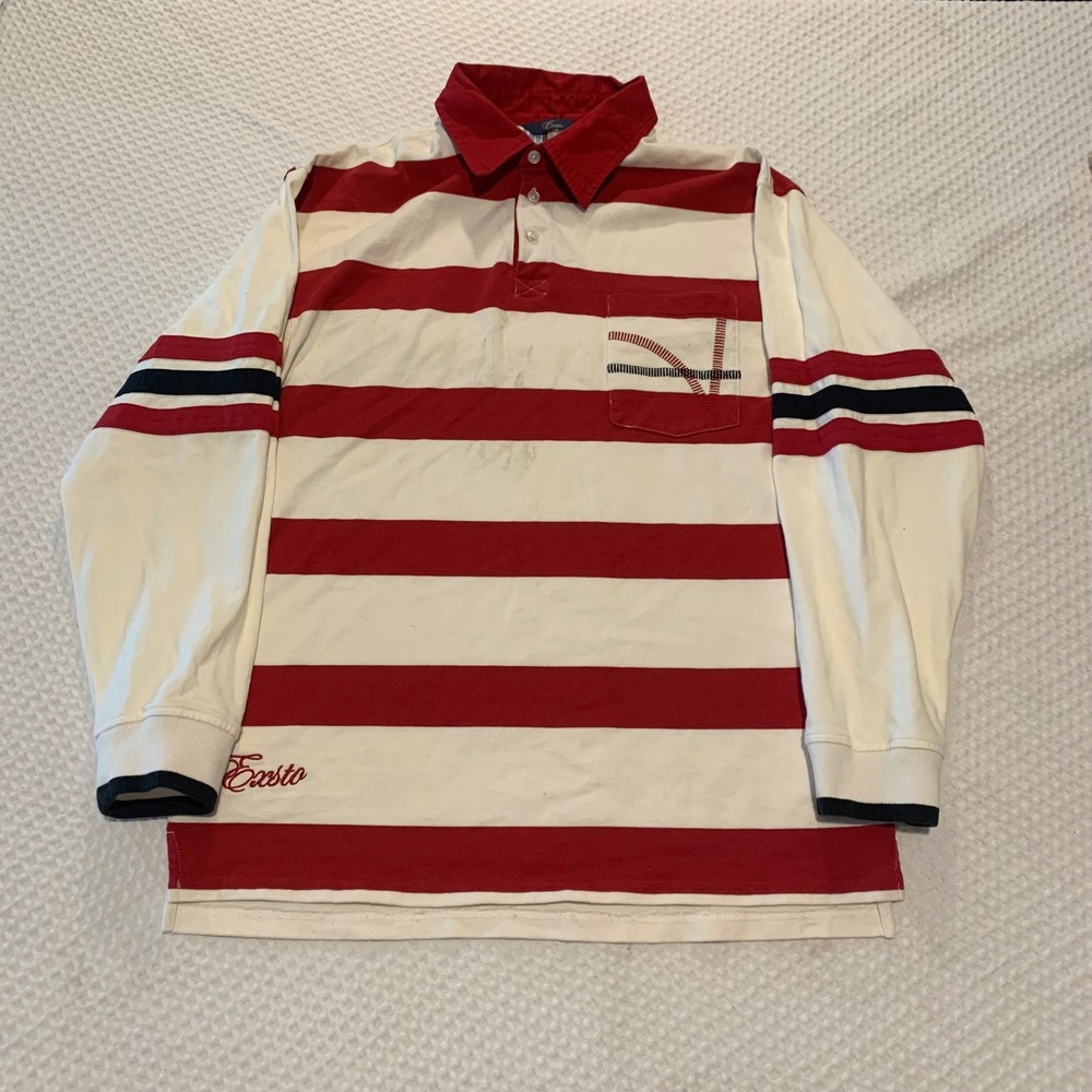 Exsto Mens Red White Striped Long Sleeve Rugby Polo Shirt Cotton Size M